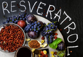 food rich with resveratrol, grapes, plums, goji, peanuts, cranberry,raspberrys, dark chocolate,red wine