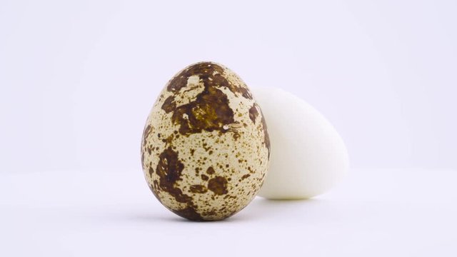 Macro shooting of one whole raw quail egg and one half of boiled egg rotating on the turntable, isolated on the white color background. Close-up.
