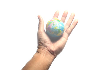 globe in adult palm  with bright  light on white background isolated