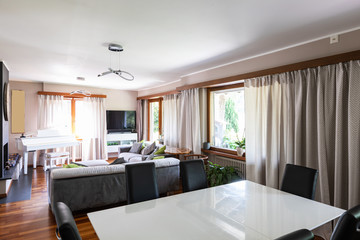 Living room with dining room and large windows