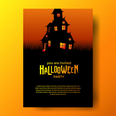 Happy Halloween invitation with scary house on the hill. Trick or treat party. poster and banner template.