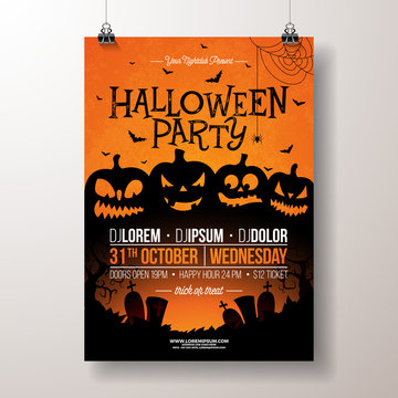 Halloween Party flyer vector illustration with scary faced pumpkins on orange background. Holiday design template with cemetery and flying bats for party invitation, greeting card, banner or