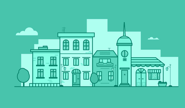 Vector monochrome flat illustration of town buildings