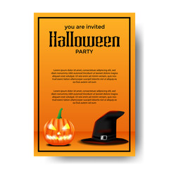 Halloween invitation template with wizard hat and jack lantern. Trick or Treat party. Poster and banner template.