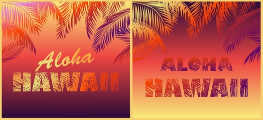 T shirt  neon fashion prints variation for beach night party with Aloha Hawaii lettering and colorful palm leaves - obrazy, fototapety, plakaty