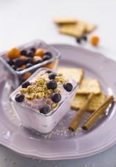 Homemade vegan blueberry yogurt with granola muesli and fresh berries in glass bowl on plate close-up