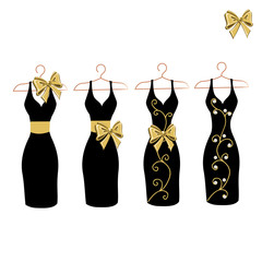 Dress silhouette on a hanger with flowers and lace. Set vector illustration.