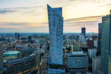 Aerial View of Warsaw Center the new Town - Skyline of Warsaw during sunset Time 