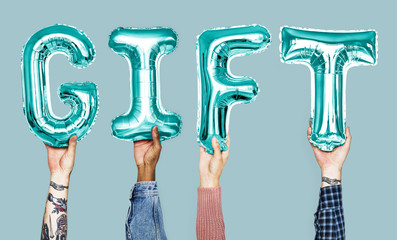 Hands showing gift balloons word