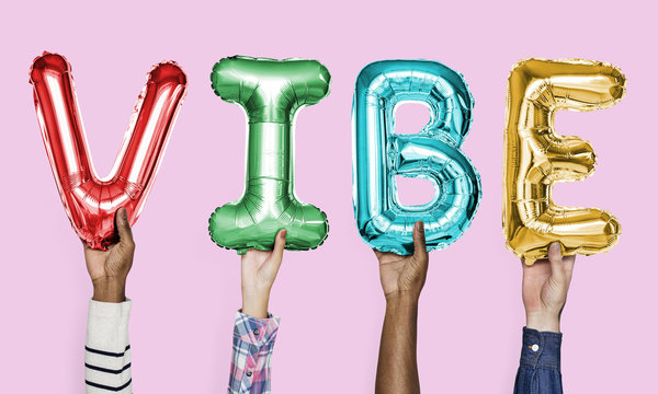 Colorful alphabet balloons forming the word vibe - Powered by Adobe