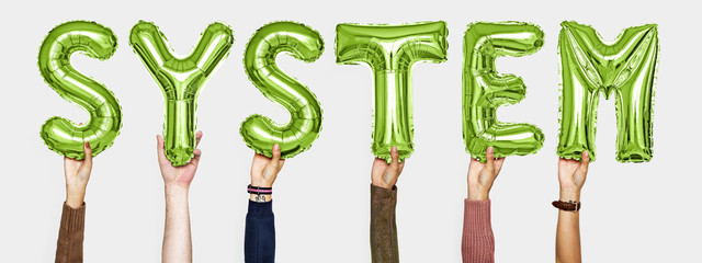 Green alphabet helium balloons forming the text system