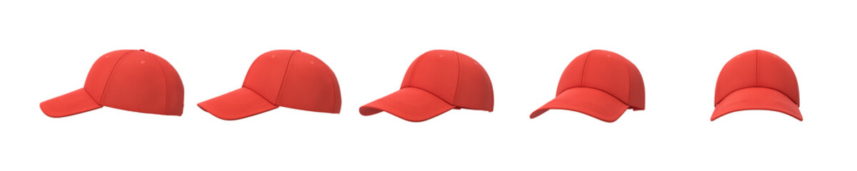 3d rendering of five red baseball caps shown in one line from side to front view on a white background. - obrazy, fototapety, plakaty