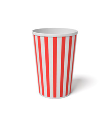 3d rendering of a small popcorn bucket with red and white stripes standing completely empty on a white background.