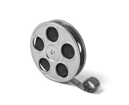 3d rendering of a single movie reel with some film tailing after it on a white background.