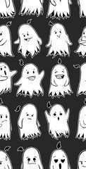 Seamless texture with Little funny ghost character. Repeating pattern, background. Can be used as wallpaper, desktop, wrapping, fabric or background for your blog, covers, cards.
