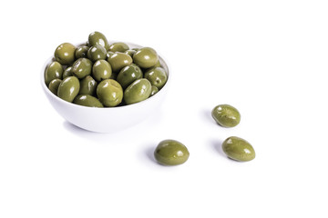 Olives on isolated pure white background ready to be consumed.