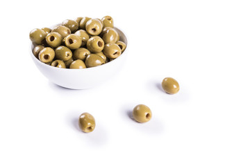 Olive  boneless  anchovy flavor on isolated pure white background ready to be consumed.