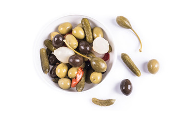  Cocktail Pickles on isolated pure white background ready to be consumed.