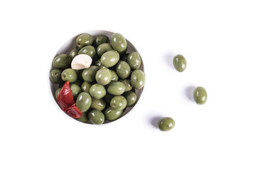 Olives on isolated pure white background ready to be consumed.