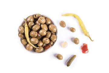 Spicy olives on isolated pure white background ready to be consumed.