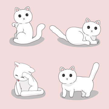 Set of cartoon white hand-drawn cats. Vector illustration.
