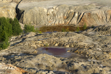 landscape - lakes at the bottom of a spent quarry of kaolin mining with beautiful slopes with...