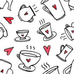 Seamless pattern of black and white cups, pots and hearts on white background for greeting cards.
