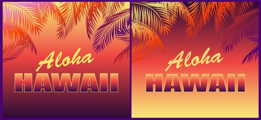 Tropical neon backgrounds with floral Aloha Hawaii lettering and palm leaves silhouettes for t shirt, party invitations and other design - obrazy, fototapety, plakaty