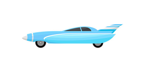 Blue racing car with silver stripes. Vintage sports automobile. Vehicle with tinted windows and spoiler. Flat vector design