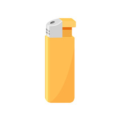 Bright yellow gas lighter. Item related to smoking theme. Small pocket device. Isolated flat vector icon