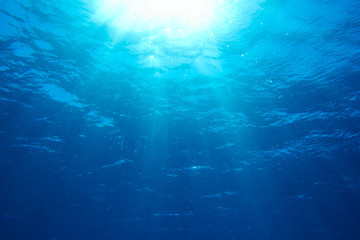 Fototapeta na wymiar Sunbeams in the blue water