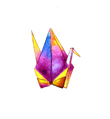 Obraz premium Isolated image of origami paper crane. Hand-drawn watercolor Oriental symbol of hope and good wishes. The illustration is made in the style of a sketch with a black pen and aquarelle.