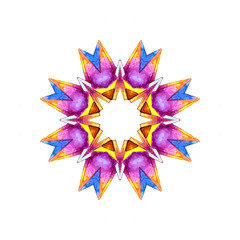 Multi-colored geometric frame of round patterns. Hand-drawn watercolor motif, graphic element for printing on textile, packaging paper and web design. Illustration doodle sketch aquarelle