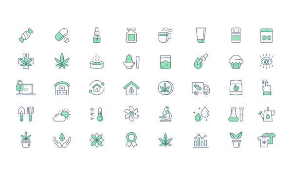 Cannabis products, growing Vector icon set