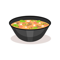 Appetizing soup in black ceramic bowl. Traditional Asian food. Flat vector element for promo poster or cafe menu