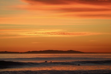silhouettes of surfers waiting for waves during orange ocean sunset