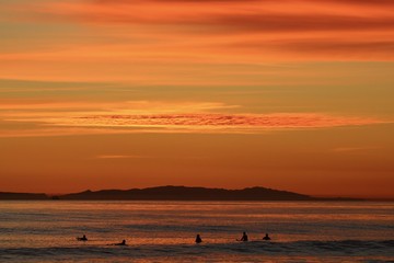 silhouettes of surfers waiting for waves during orange ocean sunset