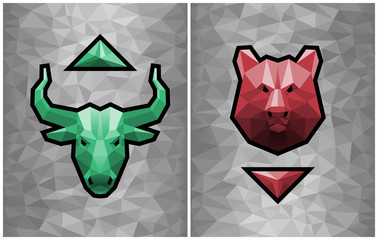 Bullish And Bearish Trends. Two graphic emblems of a bull's and a bear's heads formed from polygonal pattern together with trending arrows on gray polygonal background.