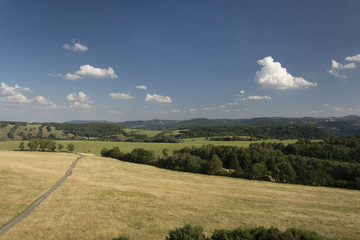 Fototapeta premium The landscape with meadow, forest, trees, hills and clear blue sky with clouds.
