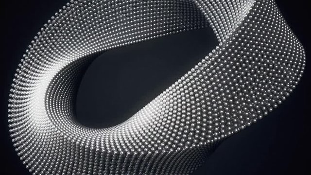 Animated abstract shape composed of metallic spheres, against a black background with copy space for text.