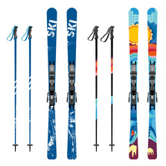 Fototapeta Vector mountain ski and sticks detailed on white background. Mountain skis and sticks sport equipment obraz