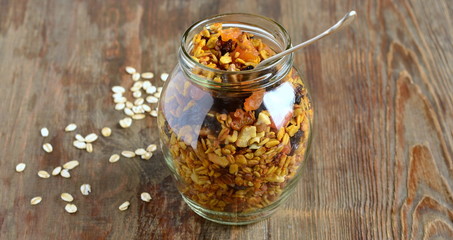 Pumpkin homemade granola with walnuts and dried fruits