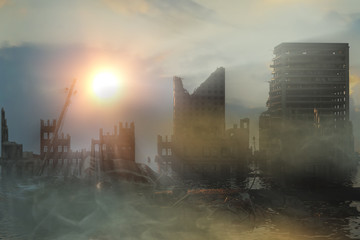 Fototapeta na wymiar 3D Illustration of a Ruins of a city. Apocalyptic landscape. apocalyptic sunset concept