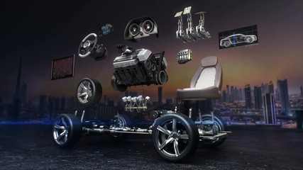 Disassembled car, engine, safety seat, Instrument panel, navigation, Accelerator pedal, car audio video system, tires, 4k animation. - Powered by Adobe