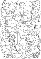 Coloring book page. Set of vector sketches: ice cream in wafer cone and bowl, frozen creamy desserts, eskimo in chocolate glaze, fruit ice.