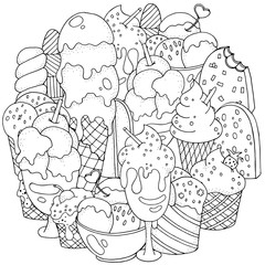 Coloring book page. Set of vector sketches: ice cream in wafer cone and bowl, frozen creamy desserts, eskimo in chocolate glaze, fruit ice.