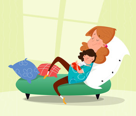 Mother huging her sad child. Cartoon vector illustration