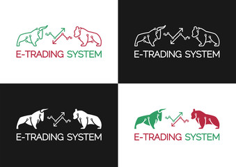 Emblem of E-Trading System. Set of pictograms of artistic silhouettes of a bull and a bear formed from printable circuit board pattern standing on both sides of trending arrows.