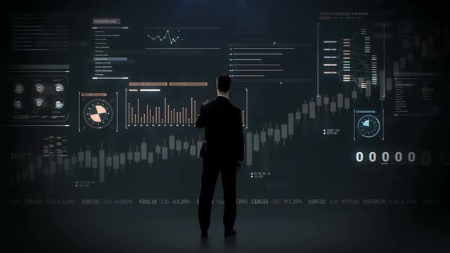 Businessman analyzing economic  animated global stock Market charts and financial graphs. 4k animation.