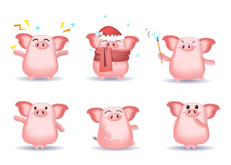 Funny cute pig character set with different poses, emotions, gestures. Parts of santa hat, scarf, snow, magic stick. Can be used for topics like Christmas, sorcery, cartoon